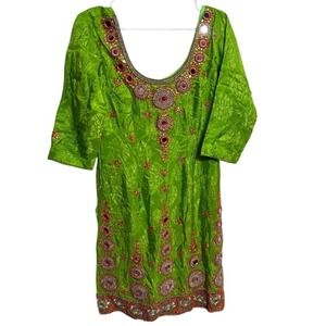 Handmade Lime Green Embroidered Tunic Dress Boho Festival Indie Ethnic